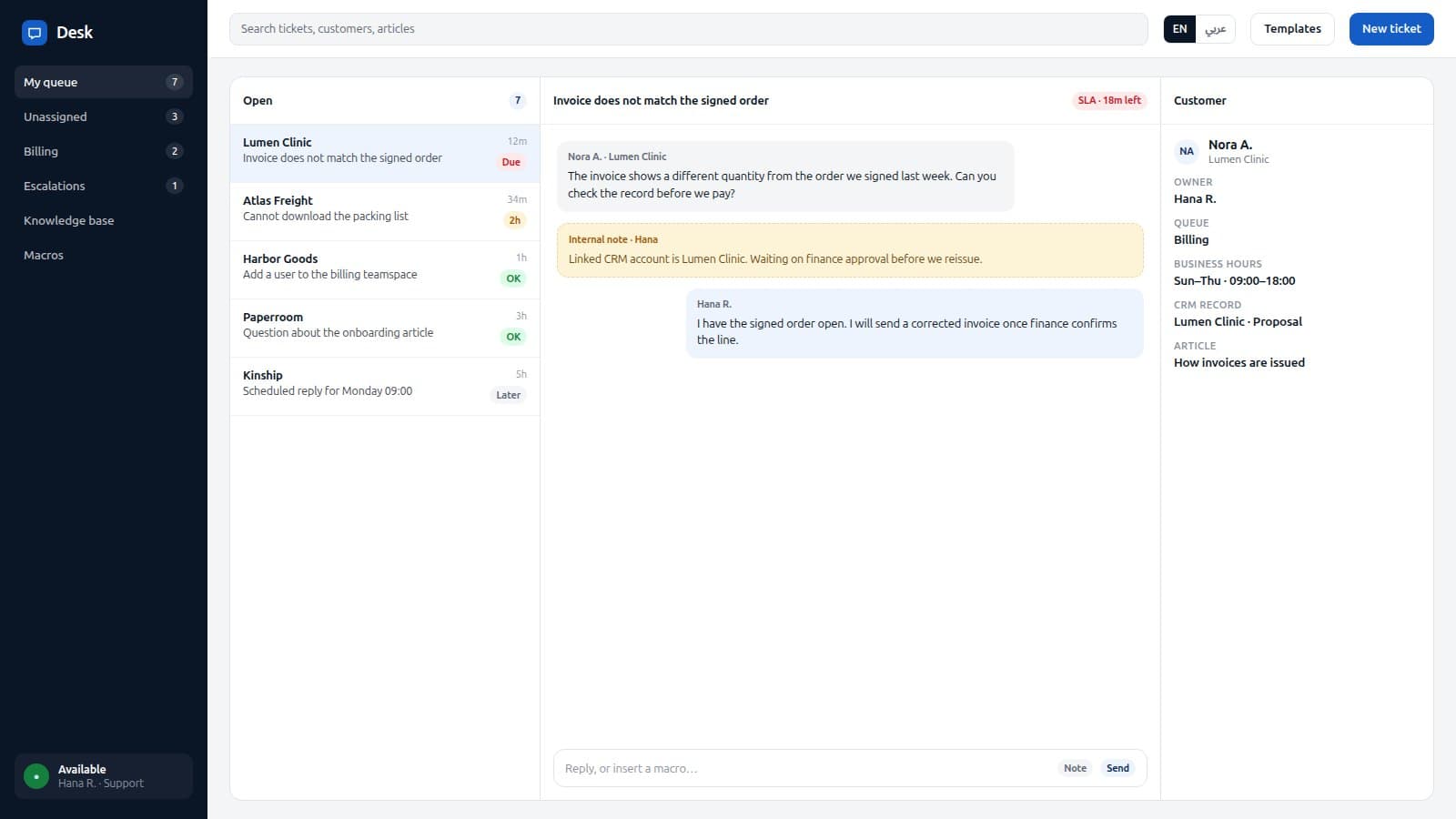 Desk — Support ticket workspace